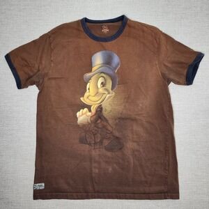 Vtg DISNEY STORE JIMINY CRICKET Ringer T-Shirt BROWN MEN L BROWN FADED RARE READ